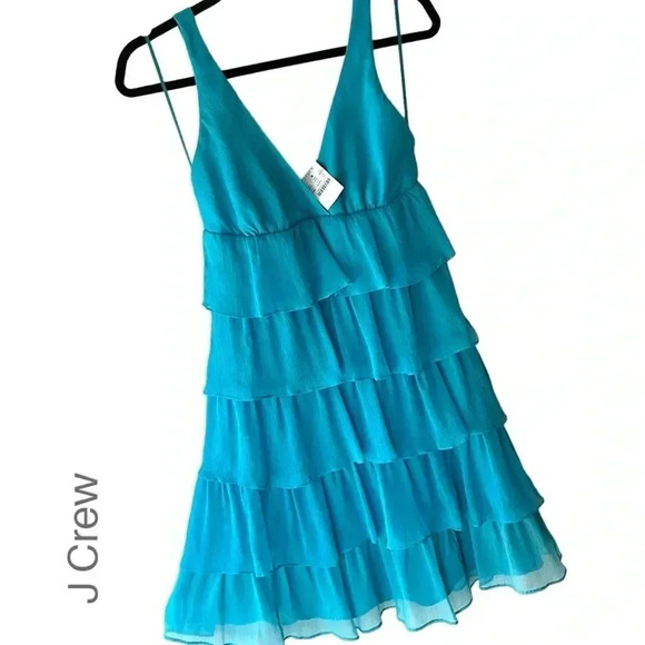 NWT | J CREW ZADIE PURE SILK TIERED RUFFLE DRESS BLUE | SIZE: 2 PETITE - Picture 1 of 9
